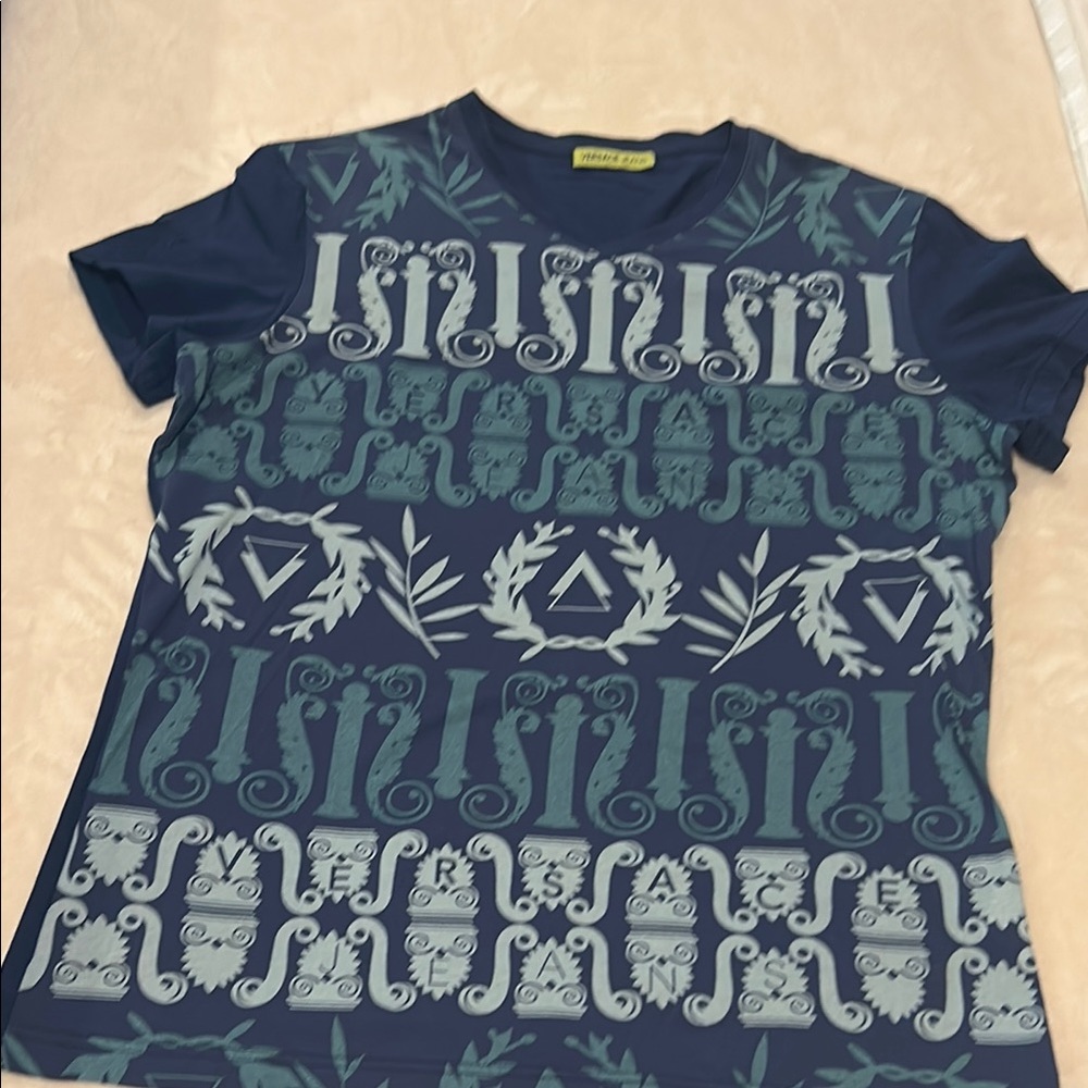 Versace Blue Tribal Pattern Short Sleeve Tee